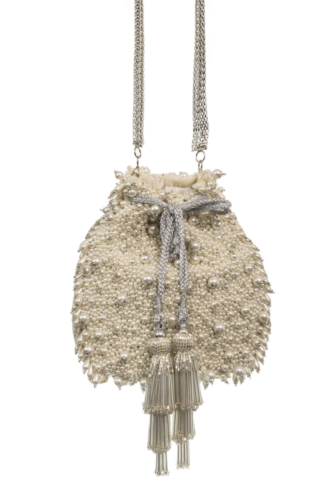 SG Collection By Sonia Gulrajani Ivory Pearl Work Velvet Potli Bag 