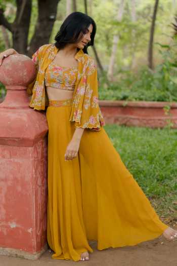 Cotton Palazzo Pants Outfit FIORRA Women's Mustard Crop Top Set With Palazzo Pants & Printed Jacket Mustard Yellow Party Set