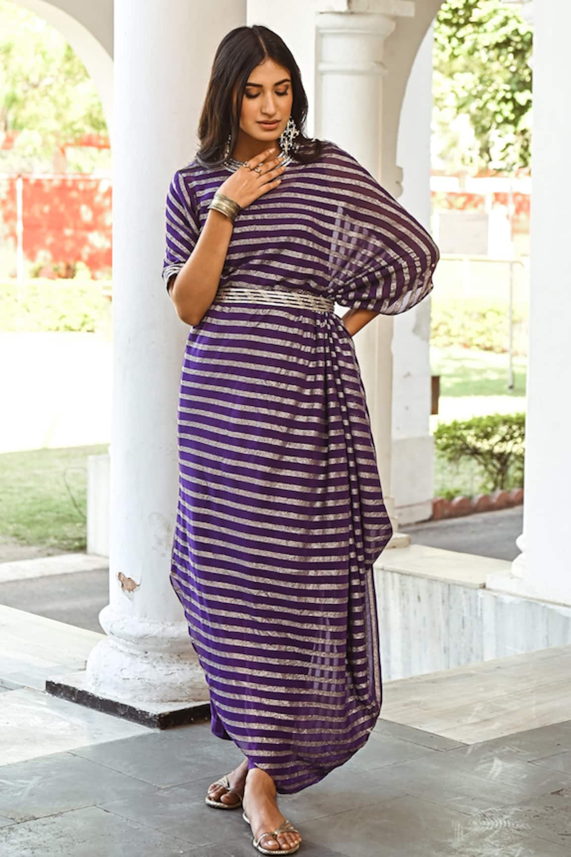 Palak & Mehak Striped Cowl Tunic & Pant Set