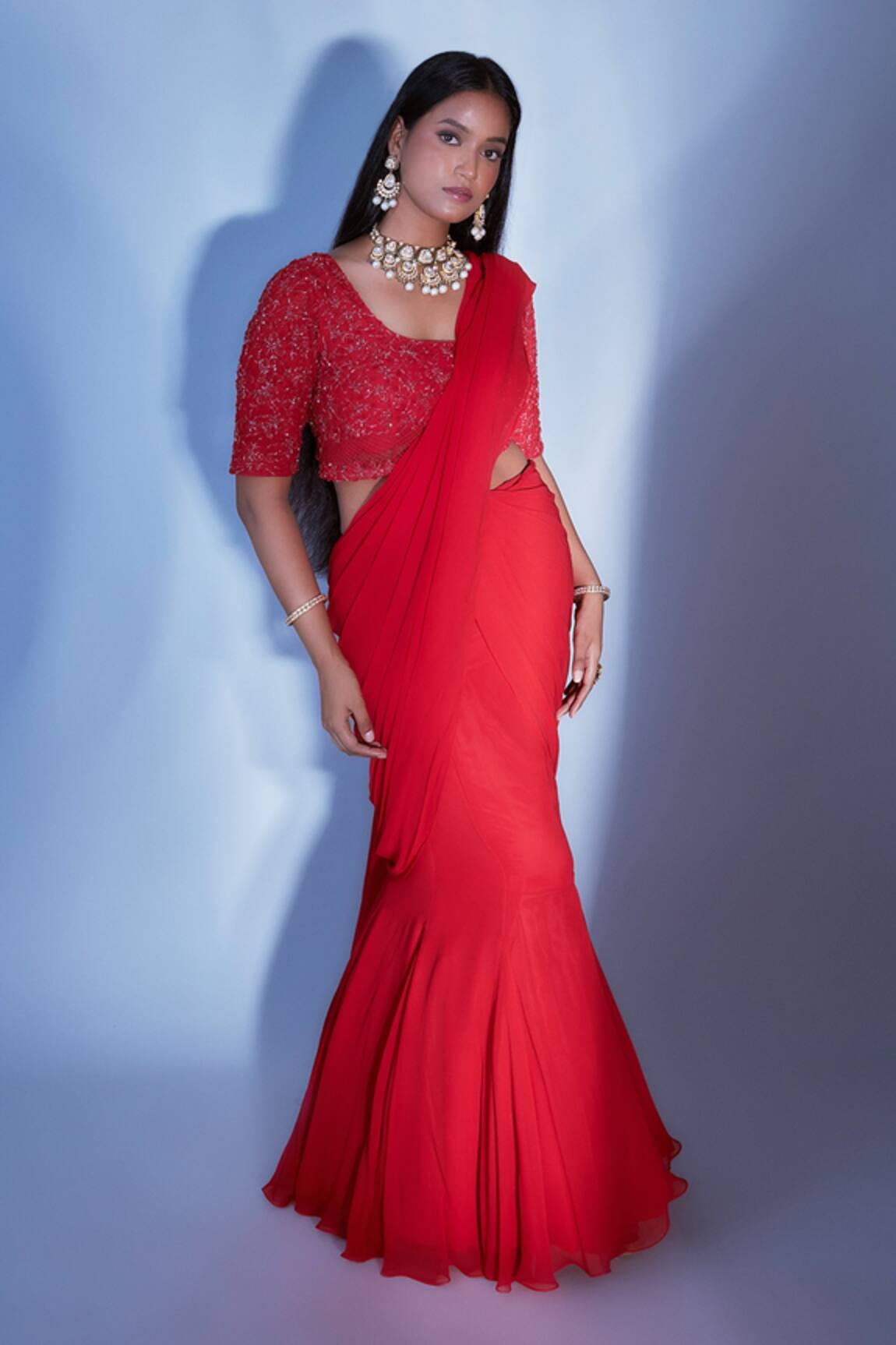 Premya By Manishii Pre-Draped Saree With Embroidered Blouse