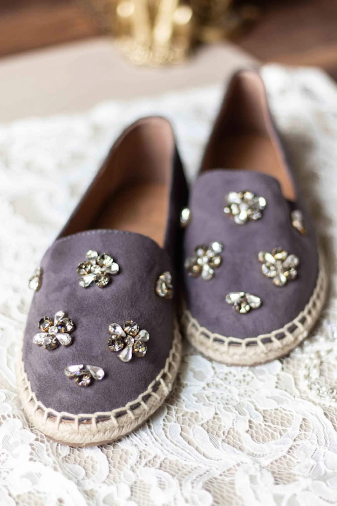 PHENOMINAAL Grey Crystal Embroidered Espadrilles 