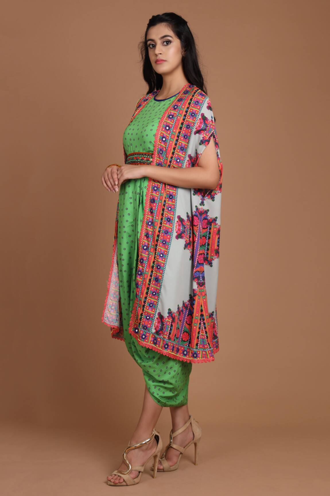 Preeti S Kapoor Printed Draped Dress with Cape