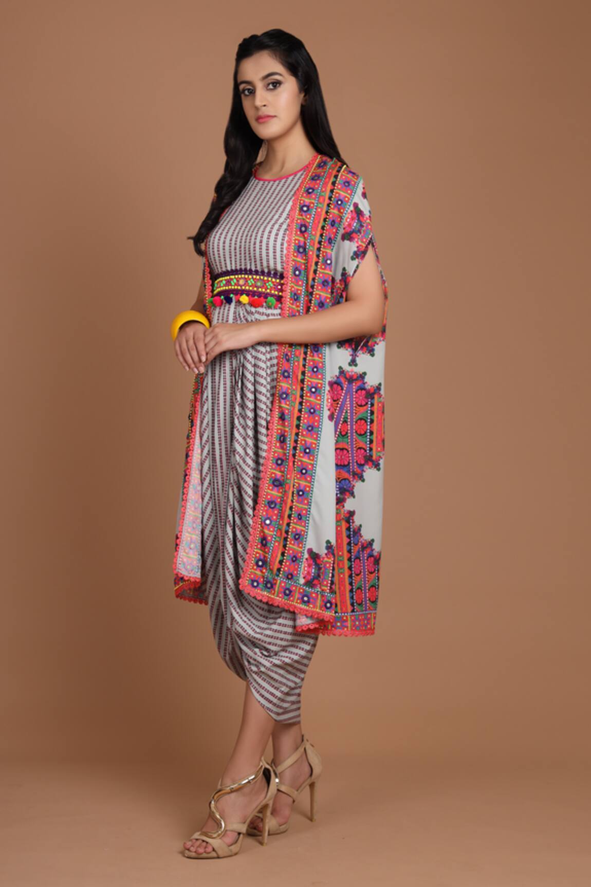 Preeti S Kapoor Printed Draped Dress with Cape 