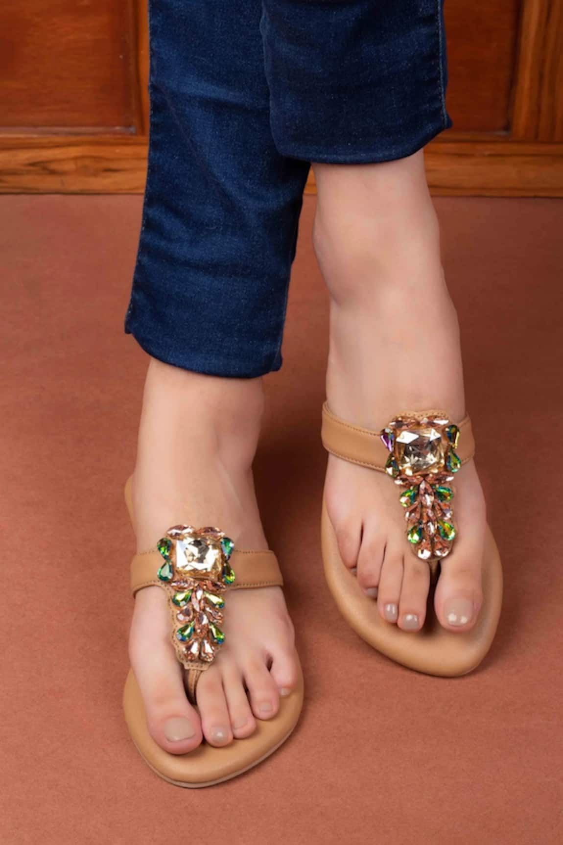 PHENOMINAAL Hand Embroidered T-Strap Sandals 