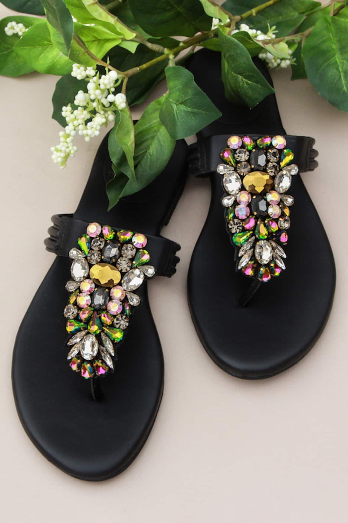PHENOMINAAL Hand Embroidered Black Flat Sandals 