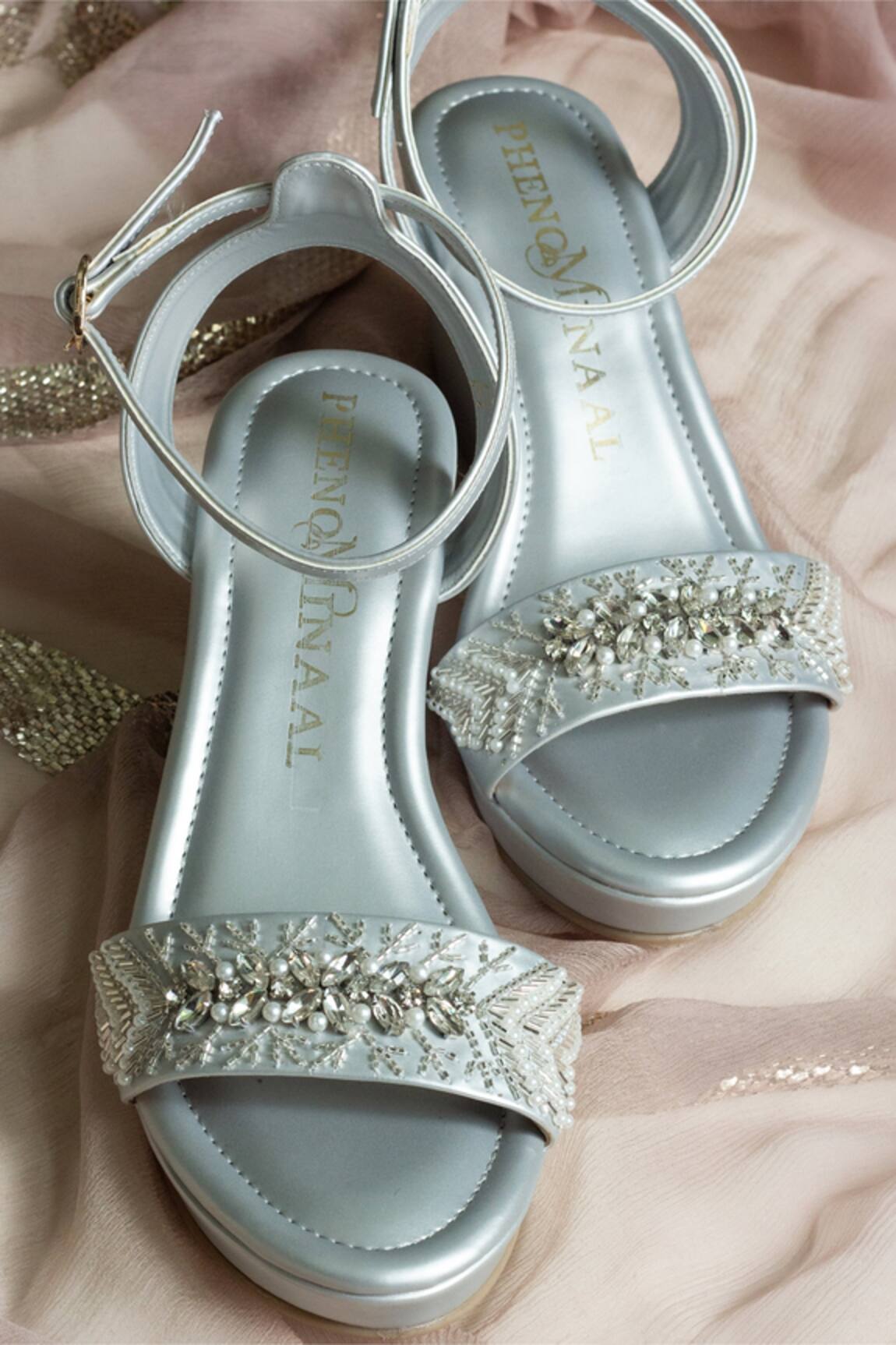PHENOMINAAL Silver Hand Embroidered Wedge Heels 