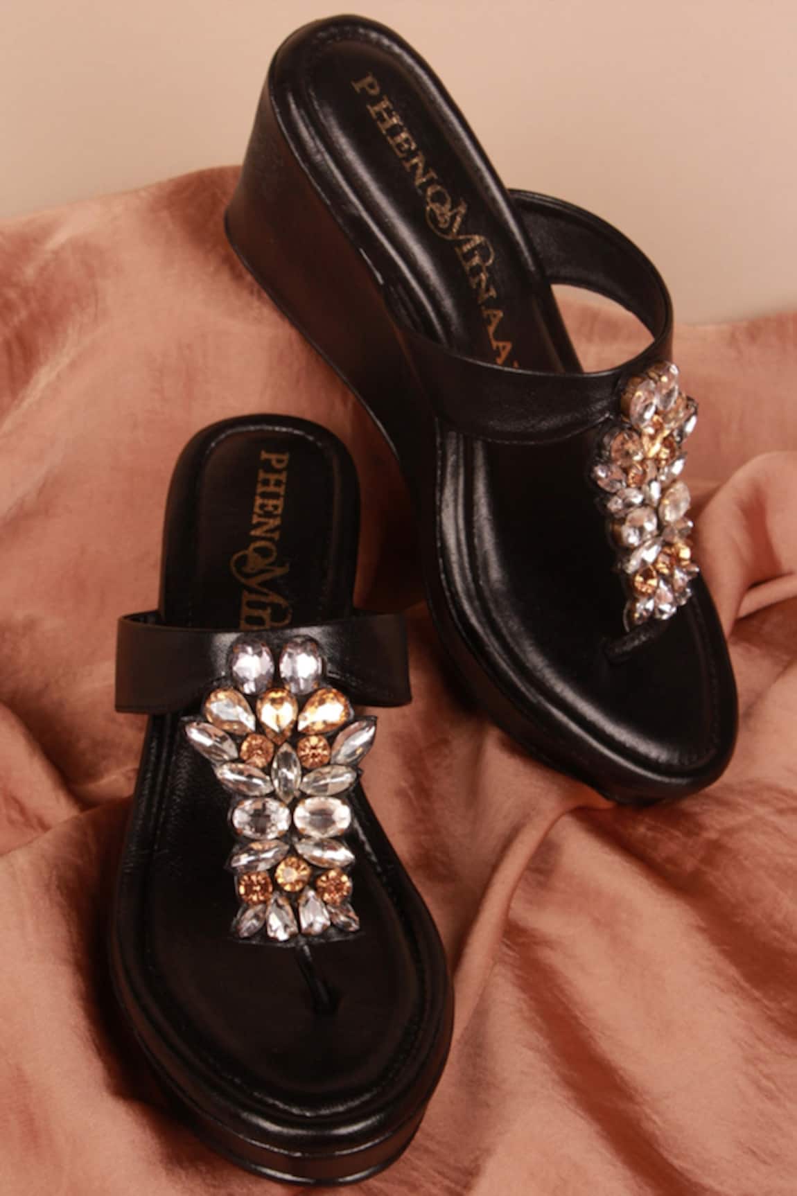 PHENOMINAAL Black Hand Embroidered Wedge Heels 