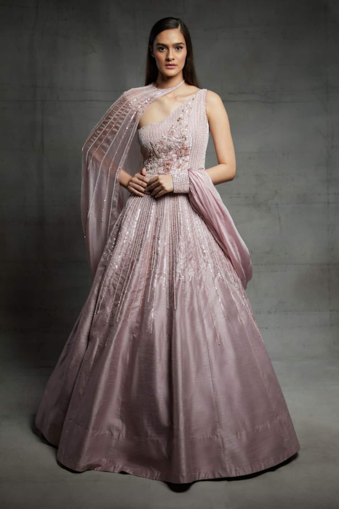 Masumi Mewawalla One Shoulder Gown with Embroidered Cape