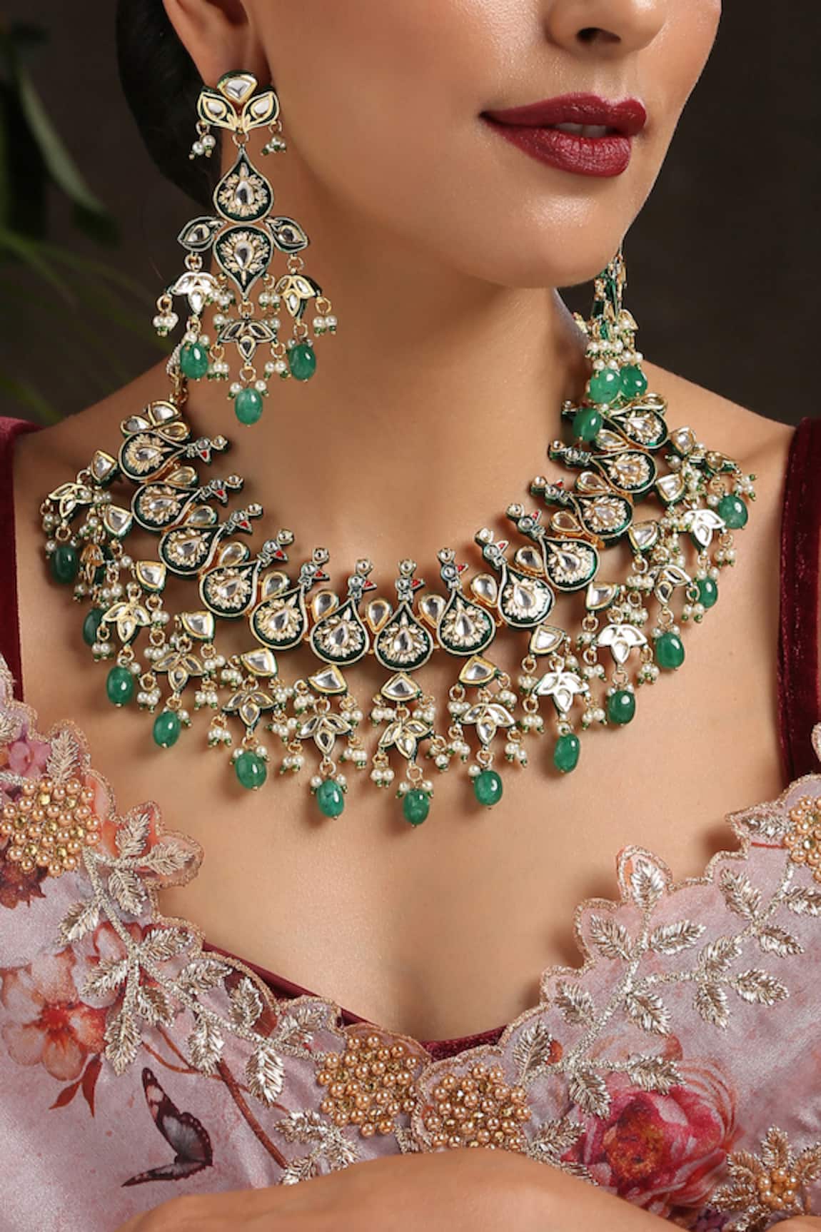 Riana Jewellery presents Gold plated pink and green stone peacock pendant  necklace with earrings set available only at Pernias Pop Up Shop 2023