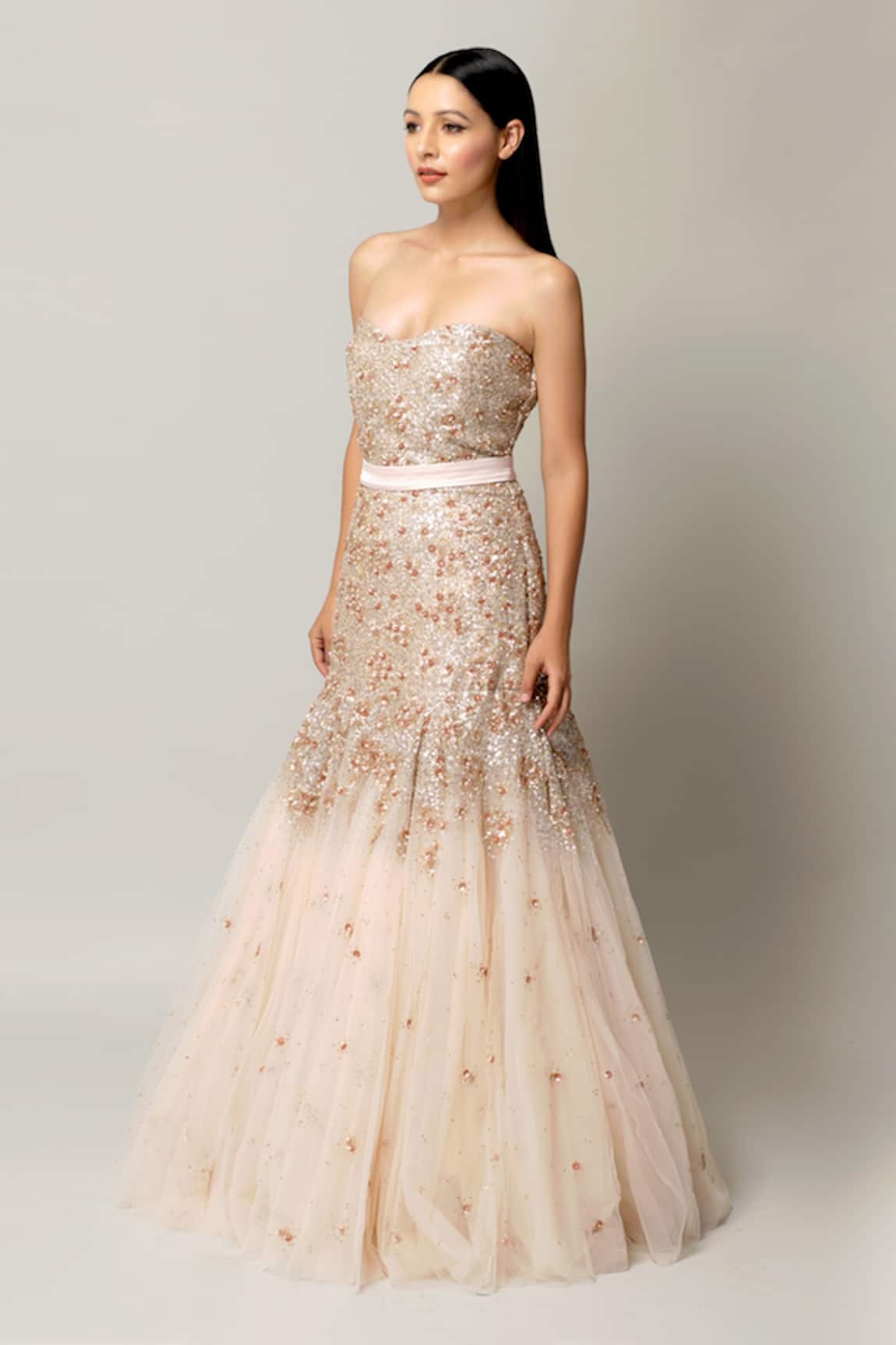 Prevasu Cherry Blossom Embellished Gown With Belt
