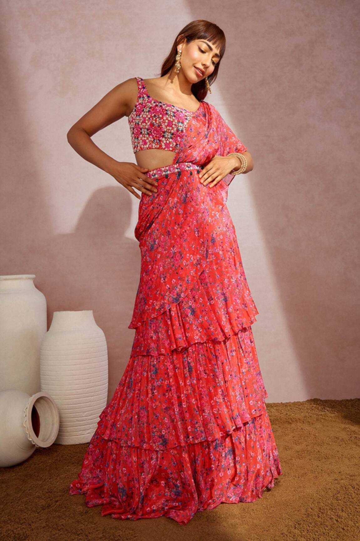Aneesh Agarwaal Printed Pre-Draped Saree With Blouse