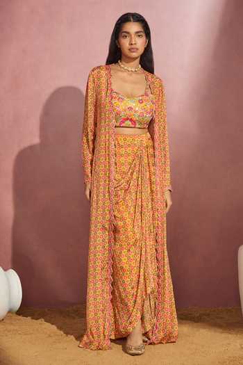 Aneesh Agarwaal Printed Jacket & Draped Skirt Set 