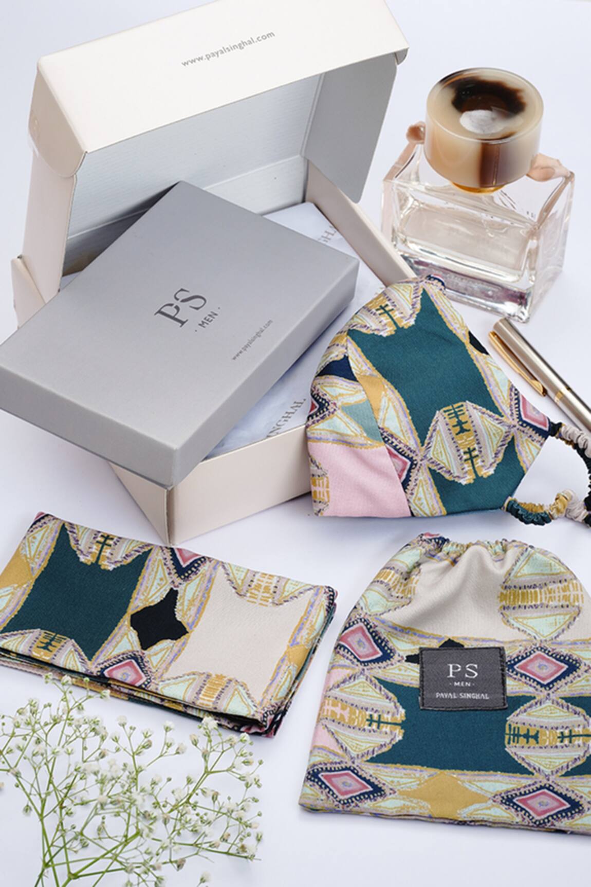 PS Men by Payal Singhal Mask & Pocket Square Gift Hamper Set of 3
