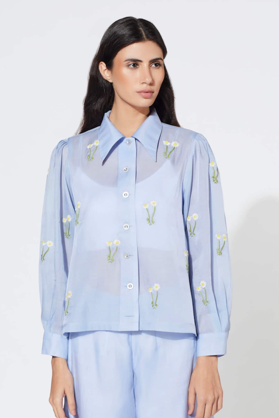 Meadow Silk Cotton Organza Floral Embroidered Shirt