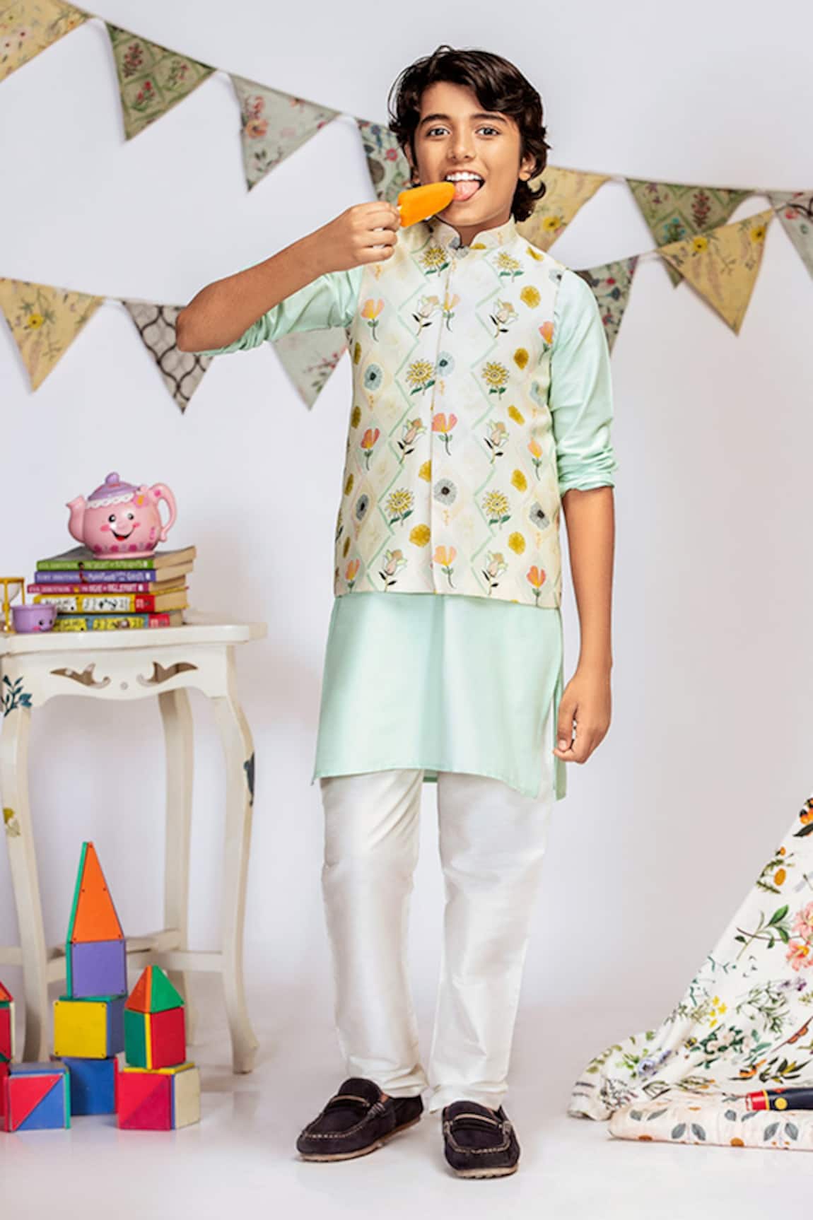 PS Kids by Payal Singhal Cotton Silk Printed Bundi & Kurta Set