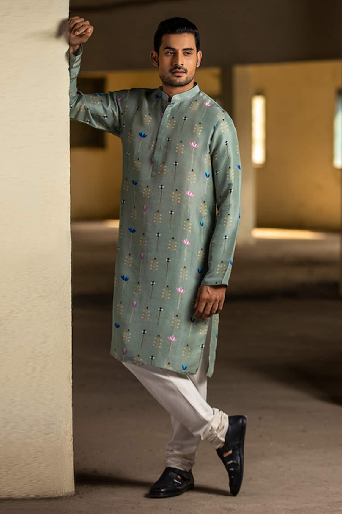 PS Men By Payal Singhal Silk Lotus Print Kurta Set