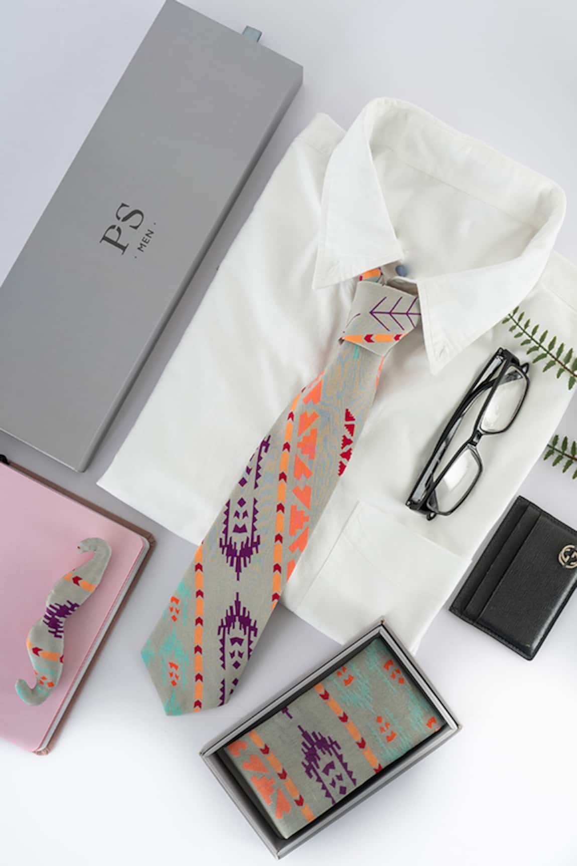 PS Men by Payal Singhal Ikat Stripe Print Tie, Moustache Pin & Pocket Square Set of 3