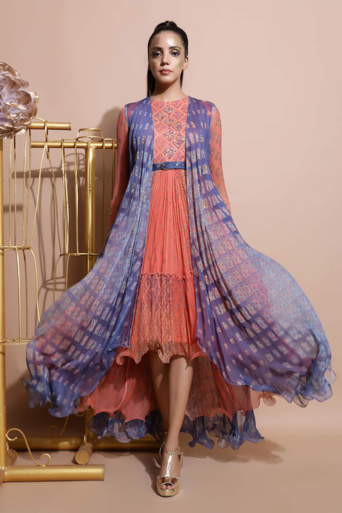 Pallavi Jaipur Printed Midi Dress with Cape