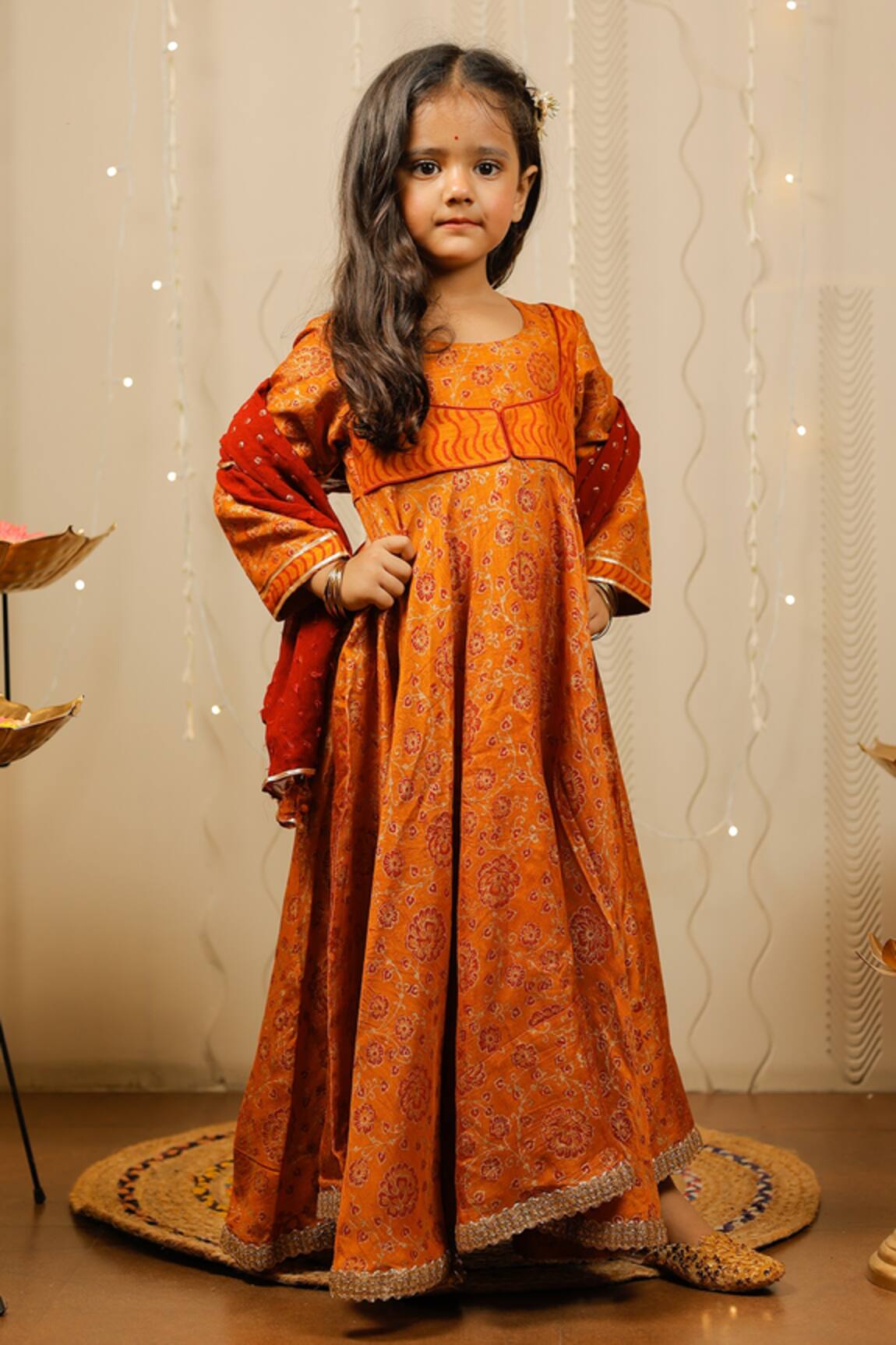 Tiny Colour Floral Print Mustard Kurta Set With Dupatta