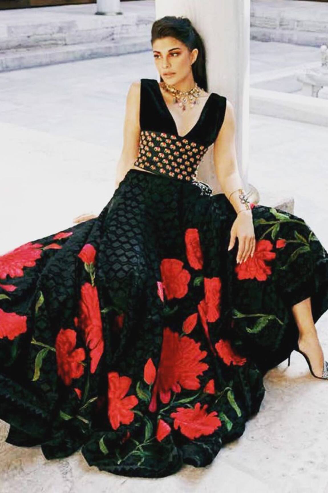 Rohit Bal Silk Velvet Embroidered Lehenga & Blouse Set 