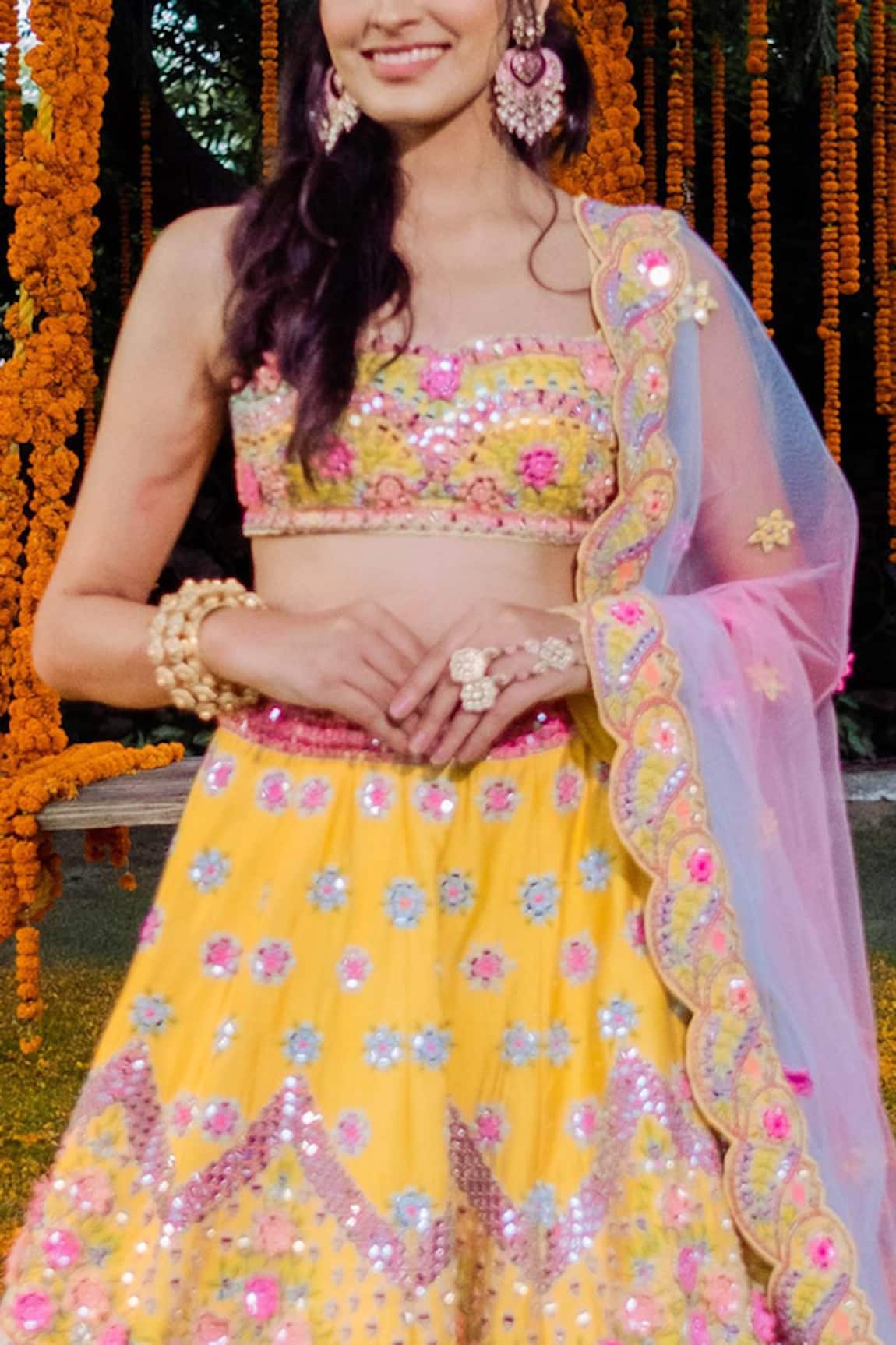 Odette Women Yellow Organza Embroidered Semi Stitched Lehenga With Uns