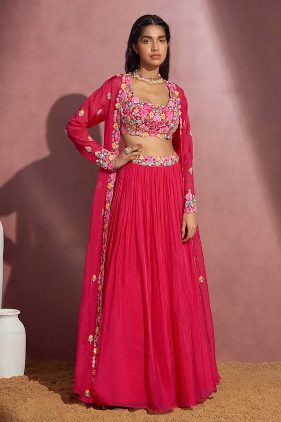 Aneesh Agarwaal Embroidered Cape Lehenga Set
