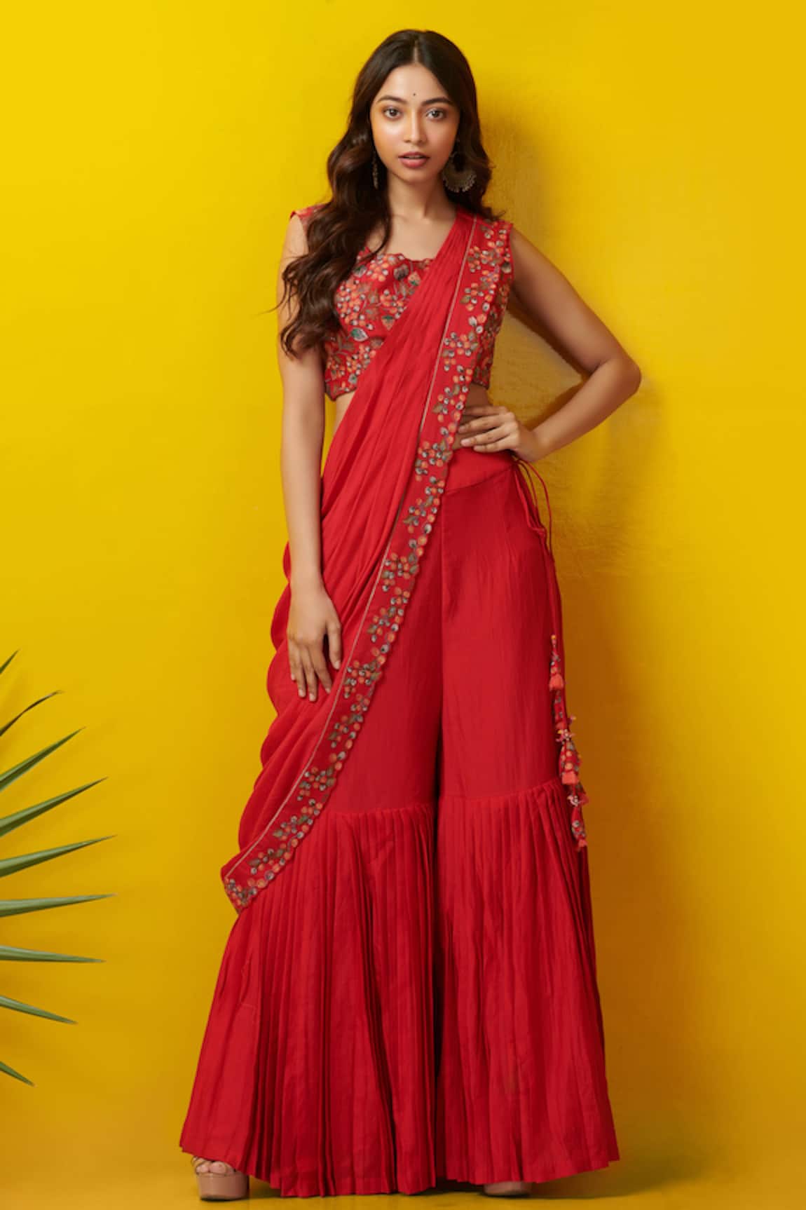ScarletRed ZariEmbroidered Sharara Pants and StrawberryPink Kameez  Embellished with Crystals and Net Duppatta  Exotic India Art