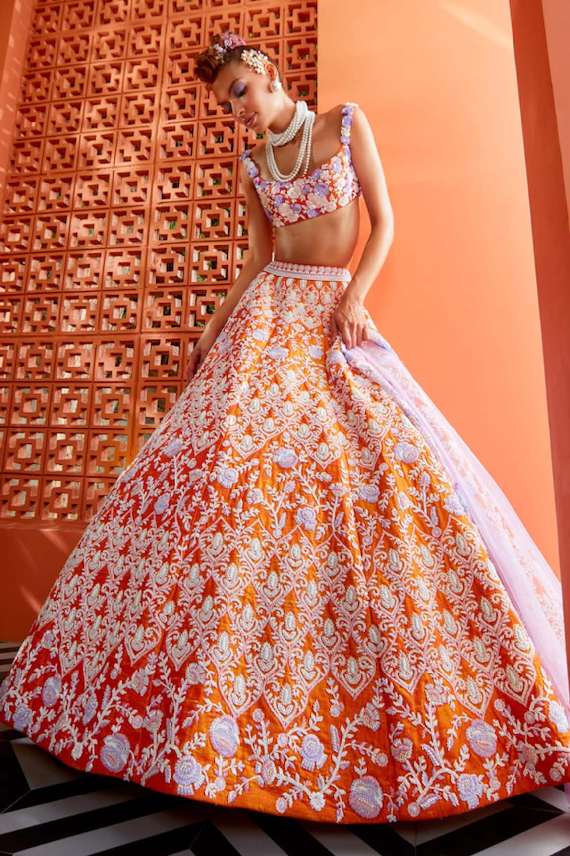 Riantas Marigold Floral Embroidered Bridal Lehenga Set