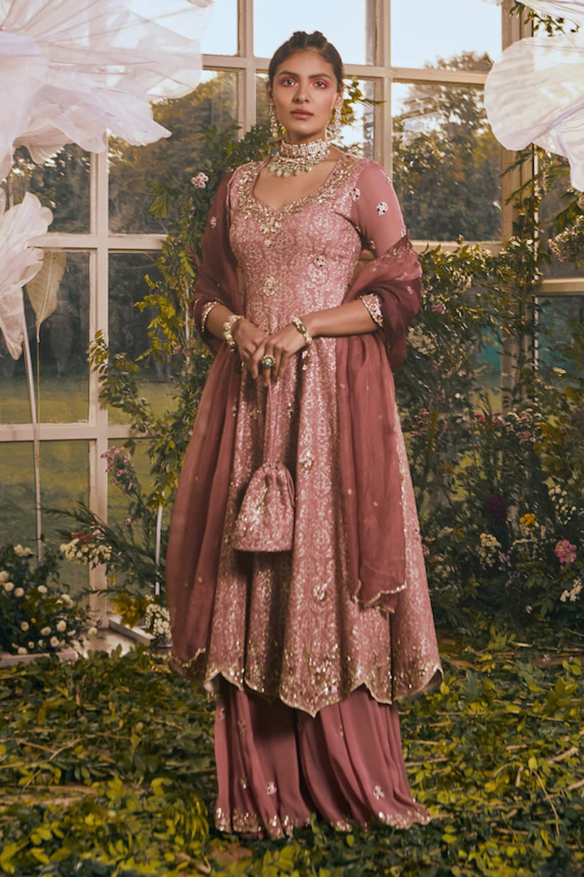 Rachit Khanna Floral Embroidered Anarkali Sharara Set