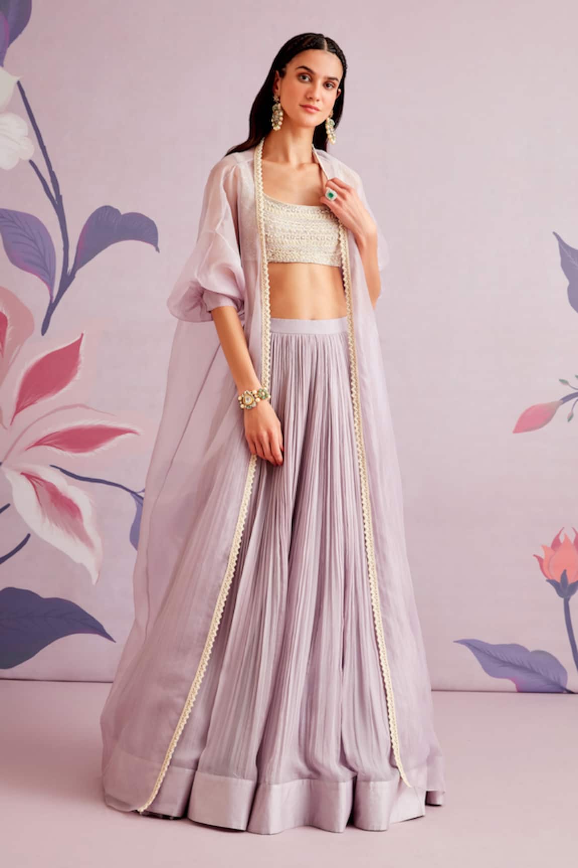 Ridhi Mehra Gladiolus Pleated Skirt Set With Cape