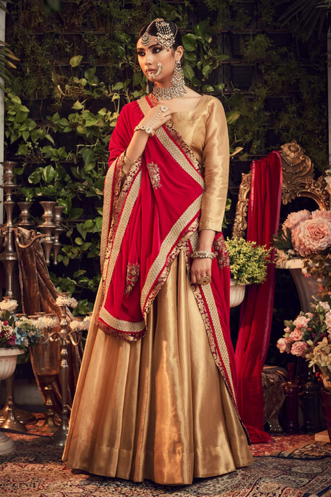 Ranian Silk Tissue Lehenga Set with Crimson Dupatta