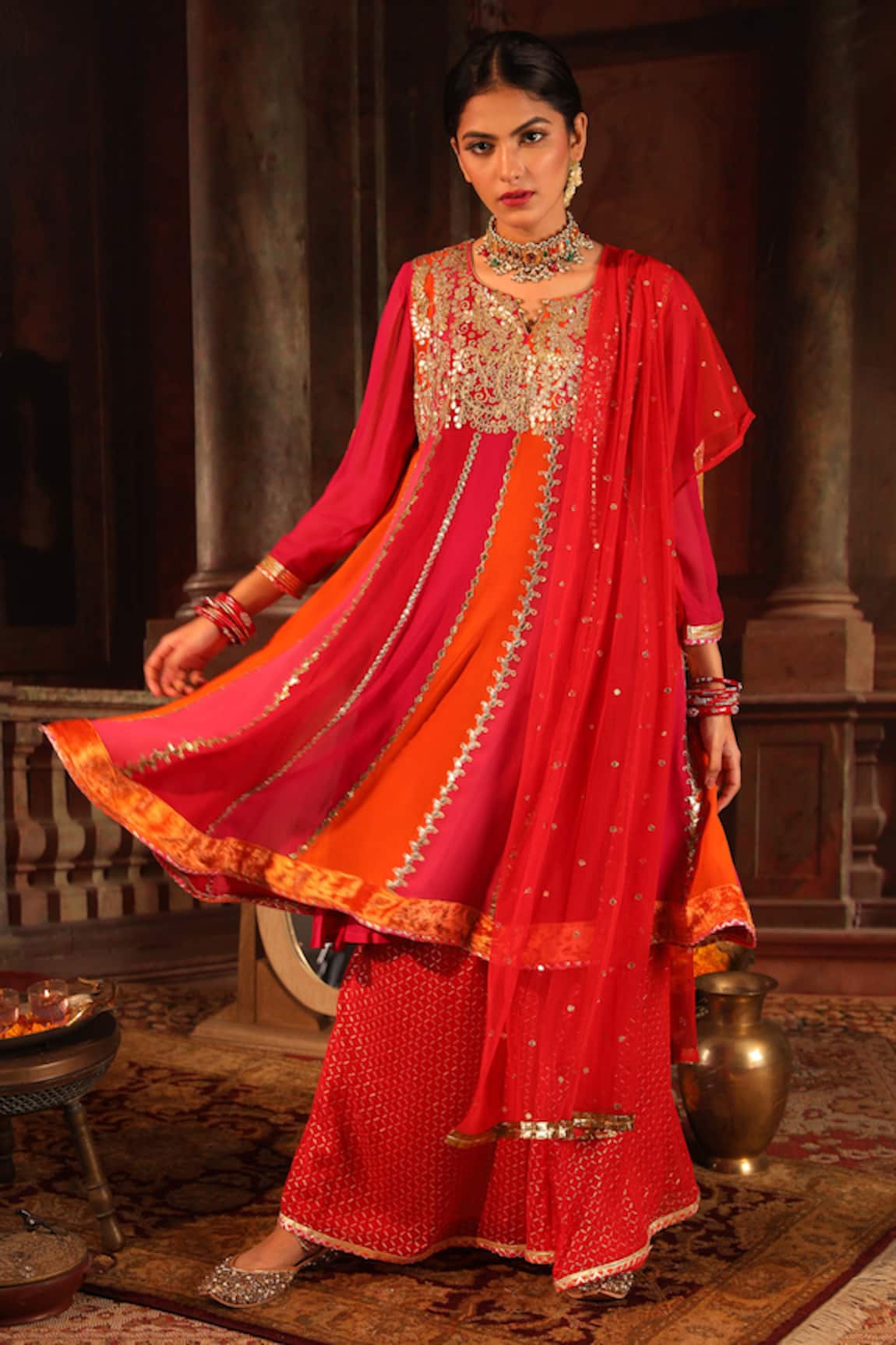 Ruh Clothing Embroidered Colorblock Anarkali Gharara Set
