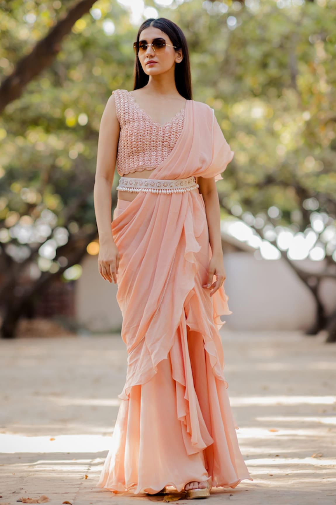 Belle Dusky Pink Heavy Embroidery Blouse & Ruffle Sari Set | Ridhi Mehra –  KYNAH