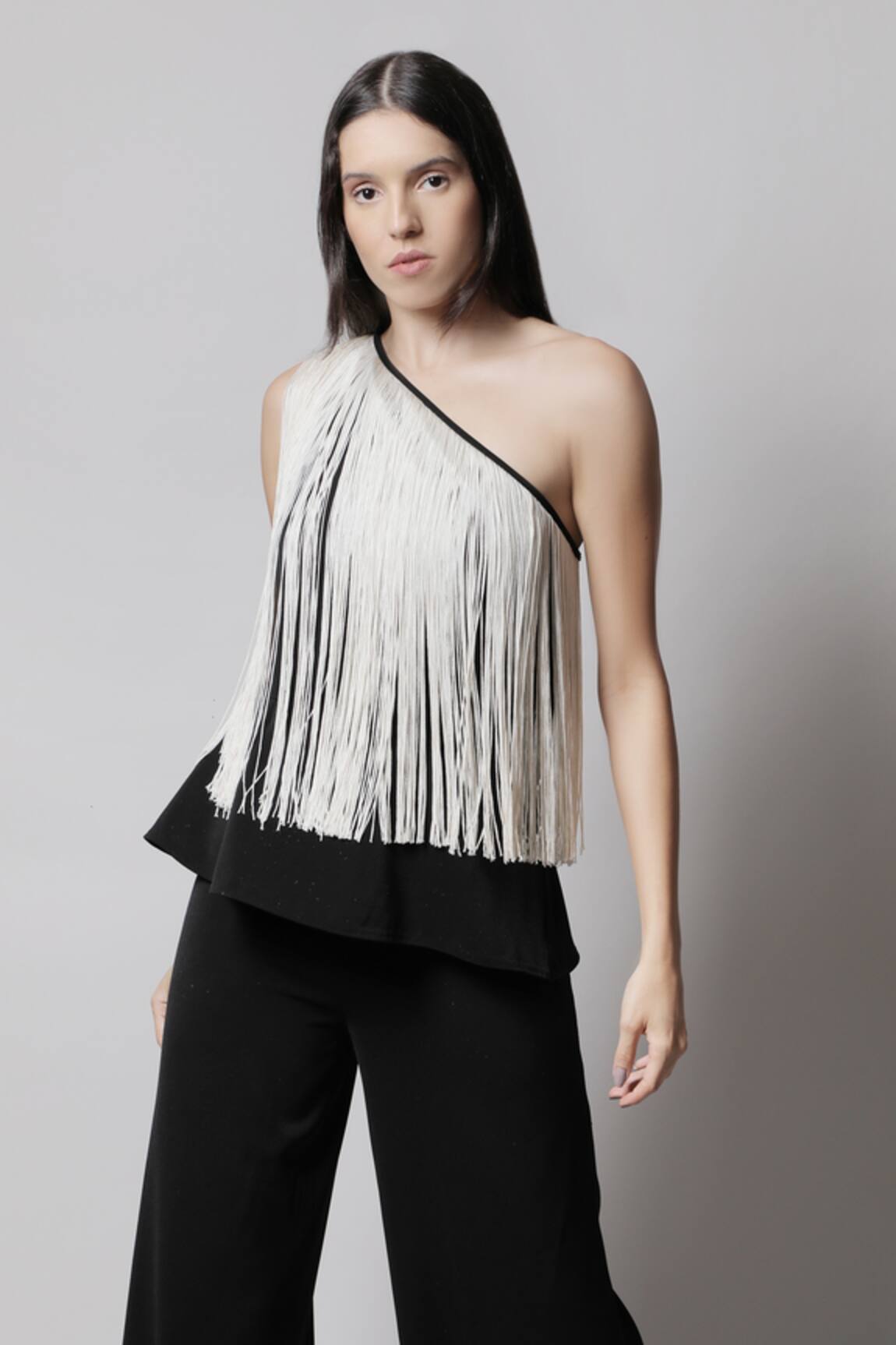 Swatee Singh Crepe One Shoulder Fringe Top 