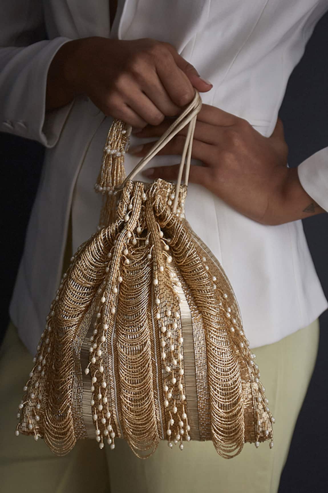 Lovetobag Ruched Embellished Potli With Handle 