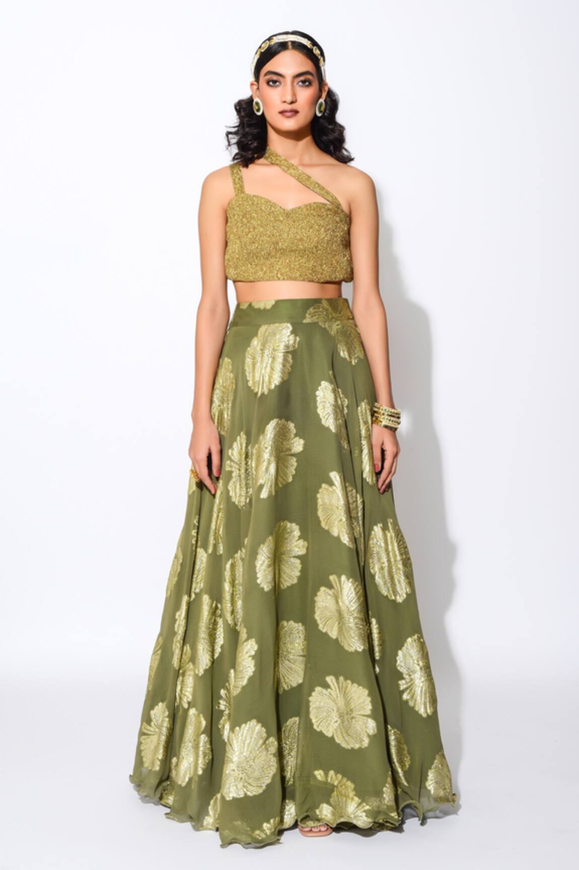 Rishi and Vibhuti One Shoulder Blouse & Lehenga Set 