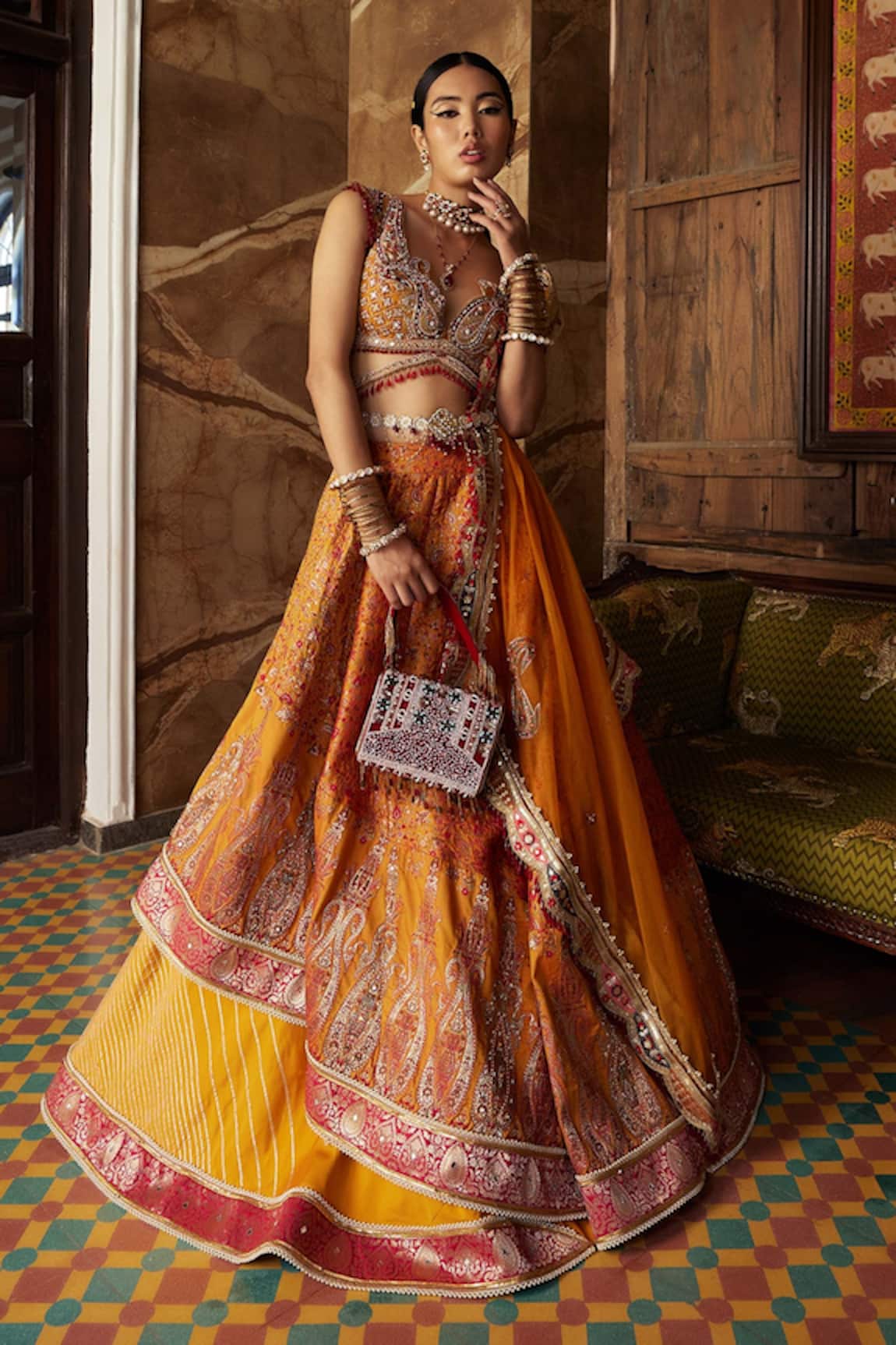 Aditi Gupta Floral Motifs Layered Bridal Lehenga Set 