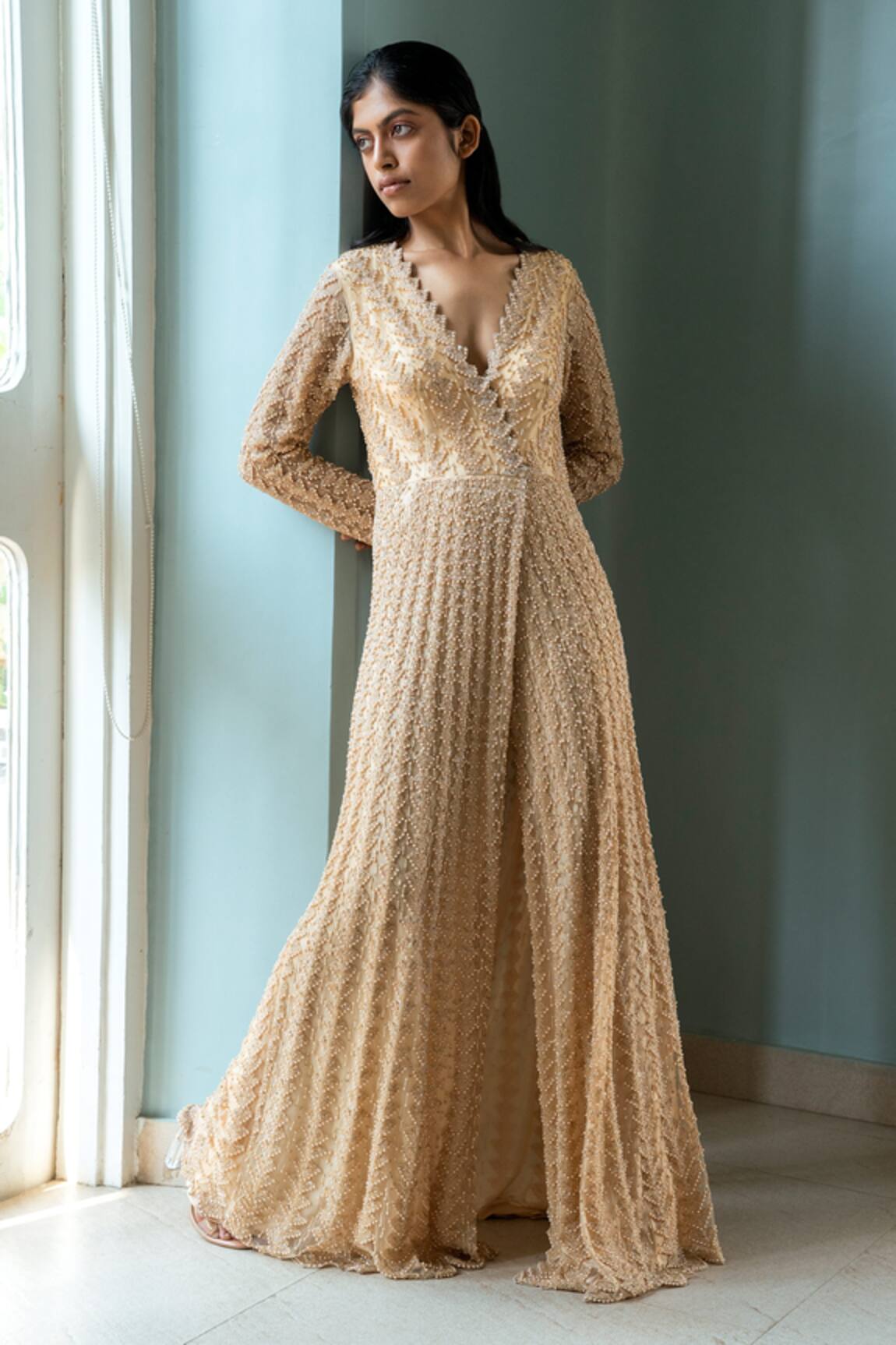 Shivani Awasty Pleated Embroidered Gown 