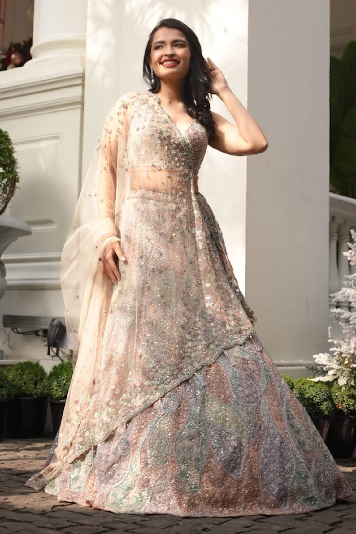 Pallavi Poddar Amoeba Scattered Sequin Embroidered Bridal Lehenga Set