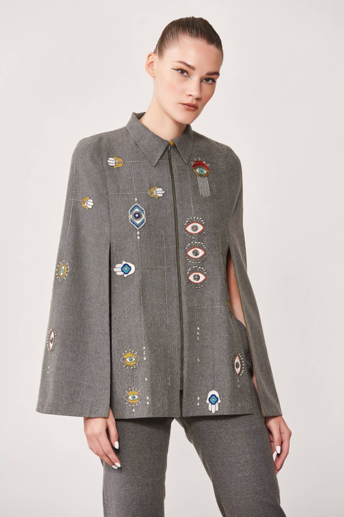 Shahin Mannan Denim Evil Eye Embroidered Cape  