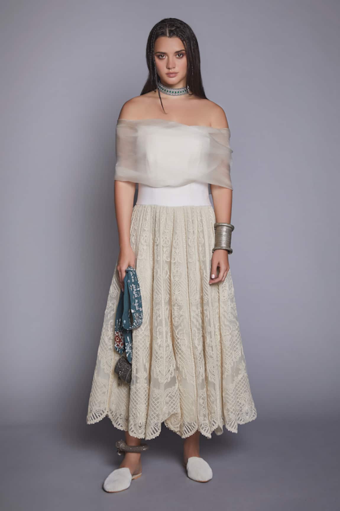 Jade By Monica & Karishma Off Shoulder Organza Dress