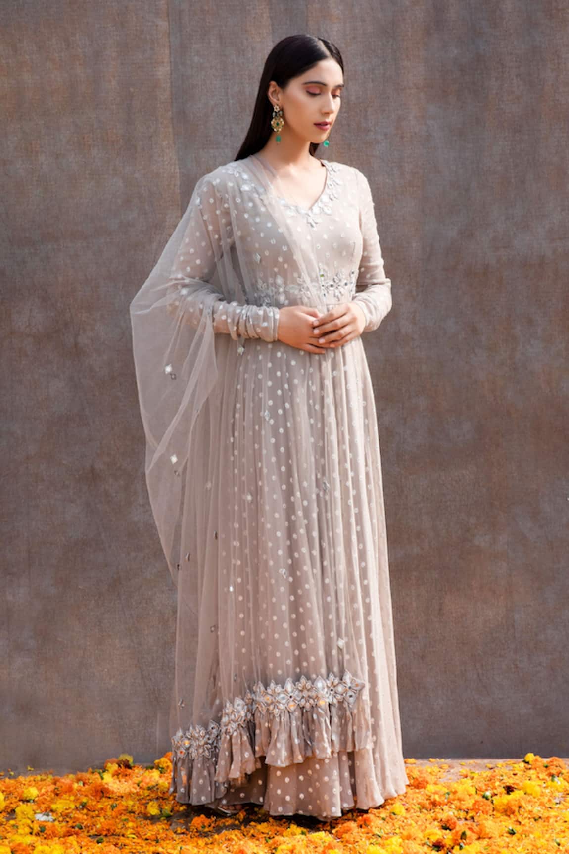 Silky Bindra Mirror Embellished Anarkali With Dupatta