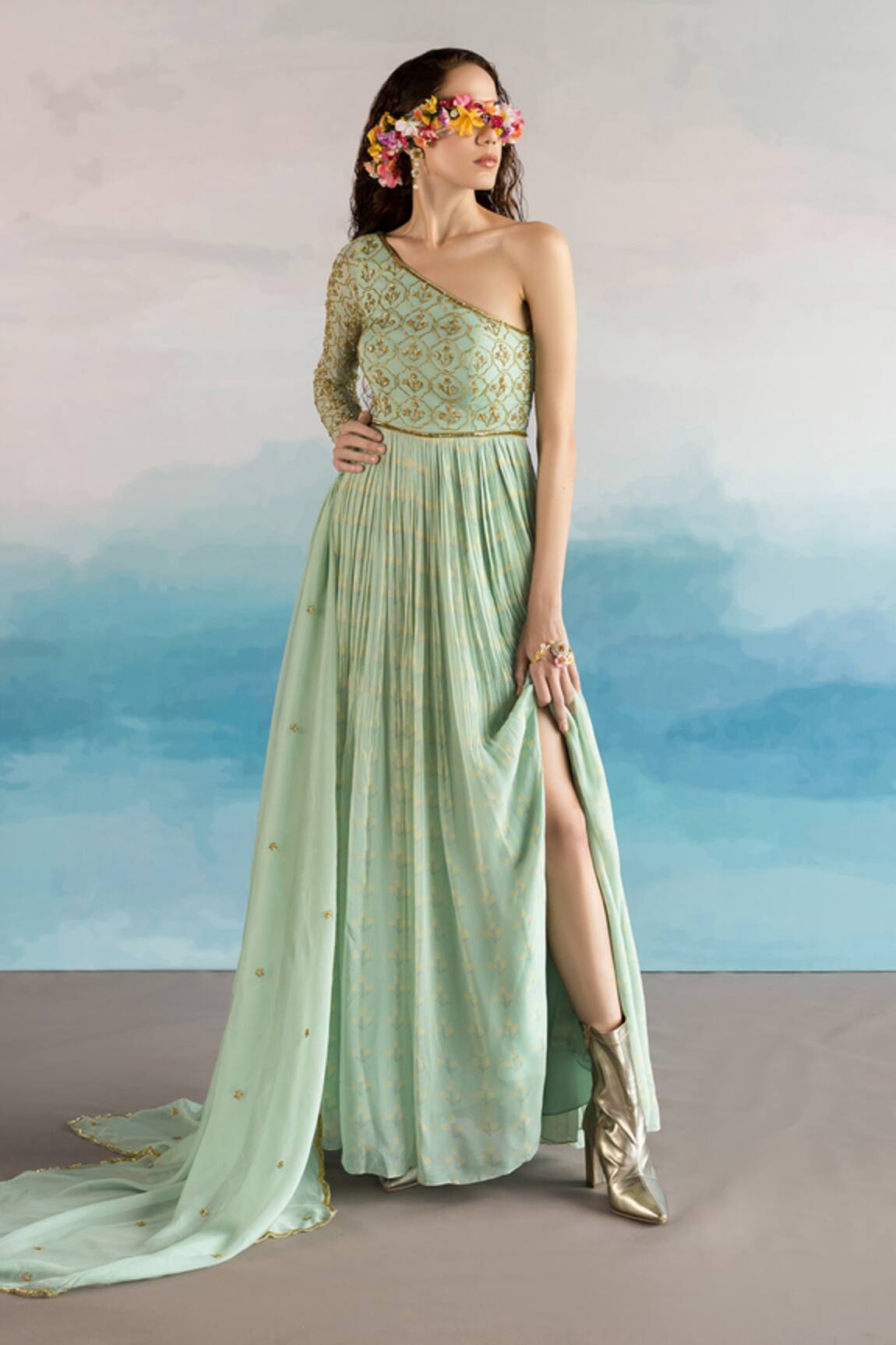 EASE One Shoulder Anarkali With Dupatta