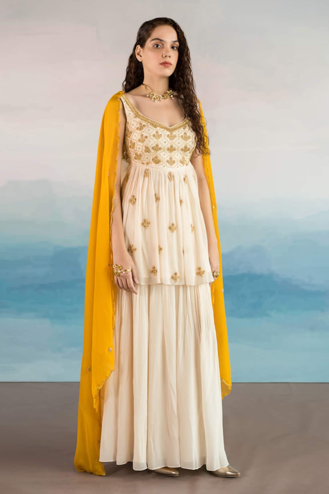 EASE Embroidered Kurta Sharara Set