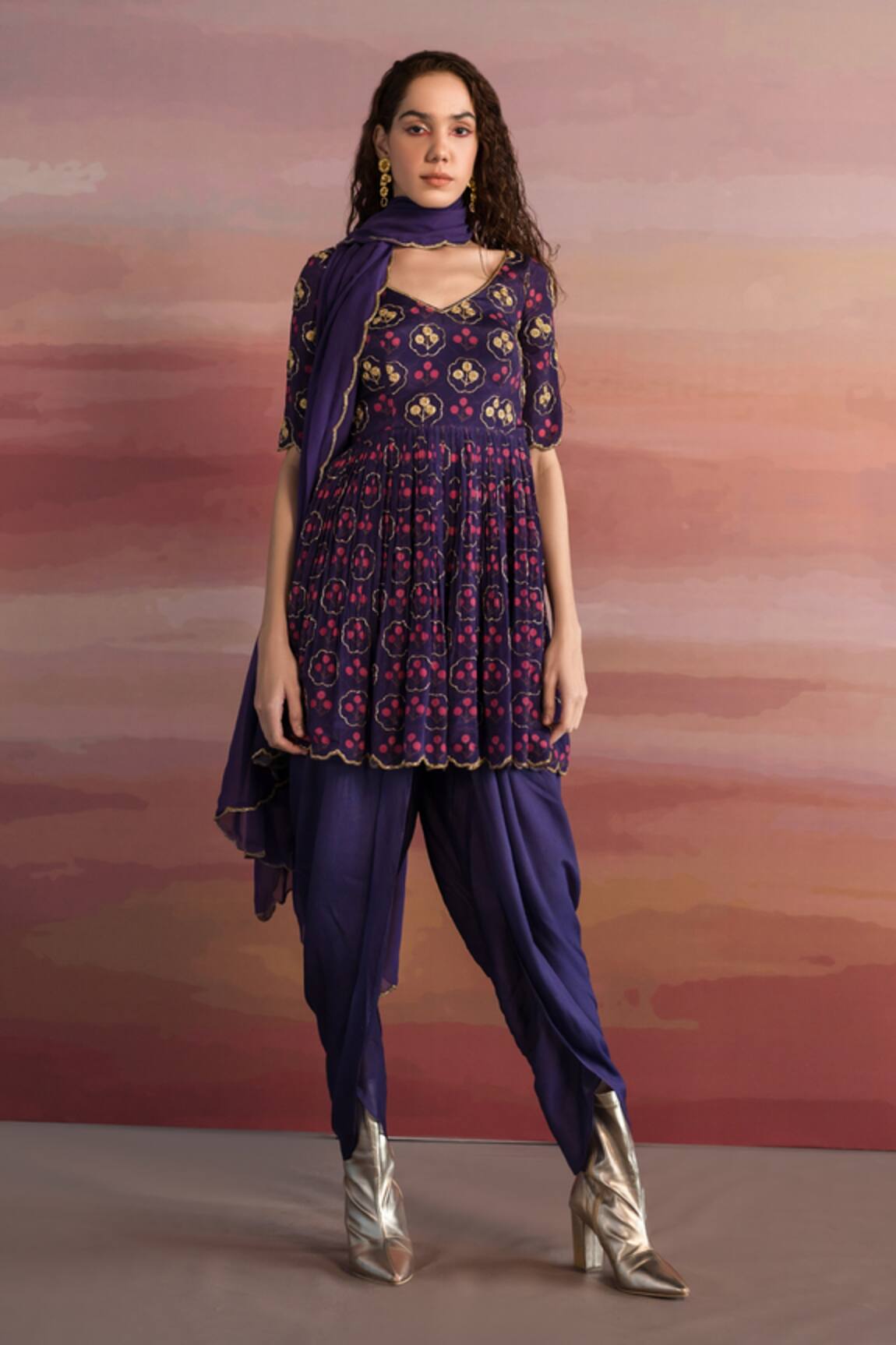 EASE Floral Print Peplum Kurta Dhoti Pant Set