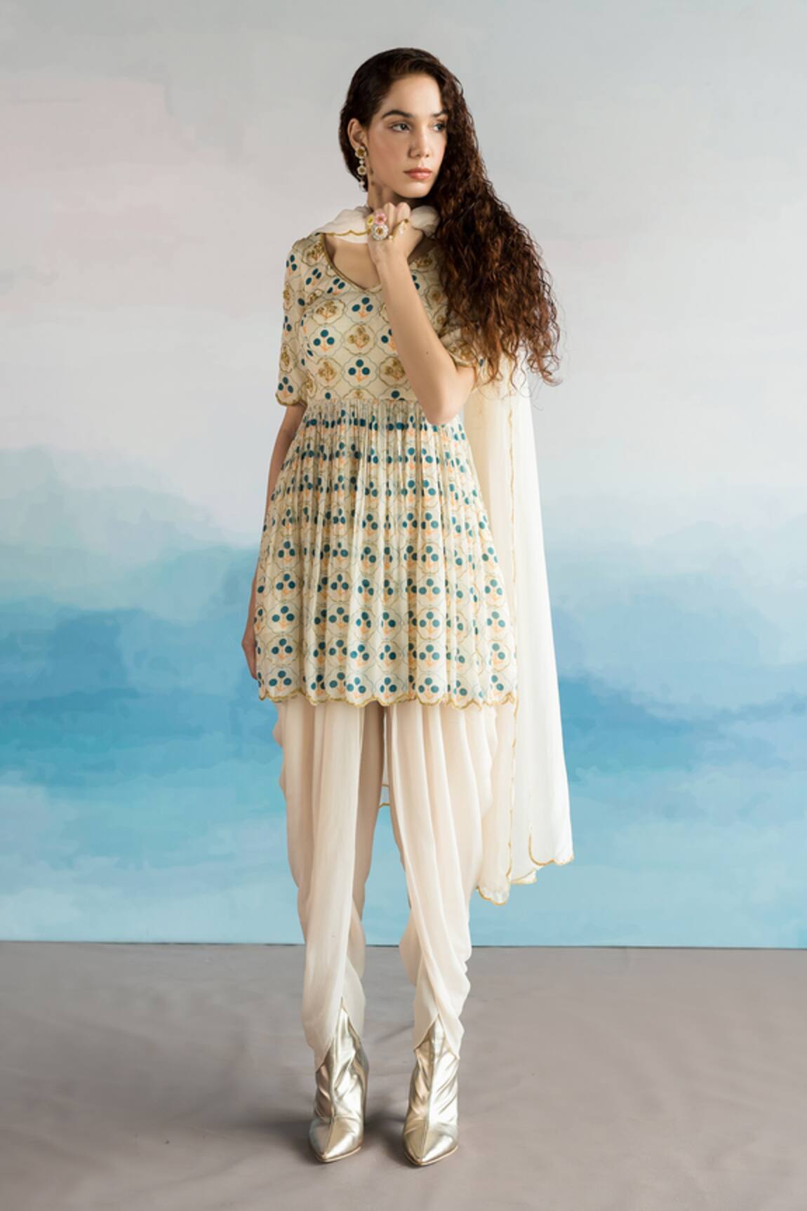 Ease Floral Print Peplum Kurta Dhoti Pant Set 