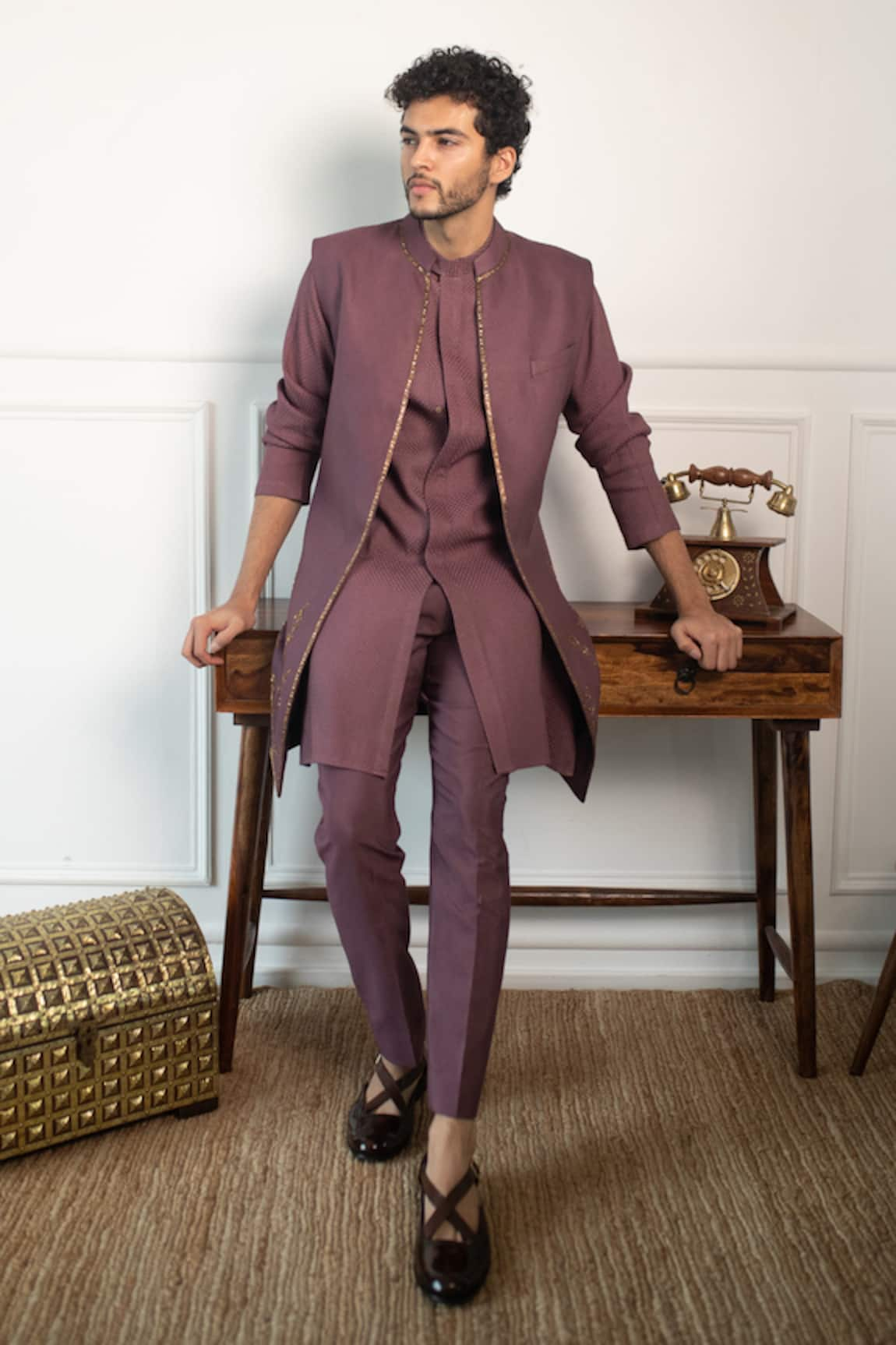 Lilac side cut high-low jacket with kurta set – Darshika Menswear