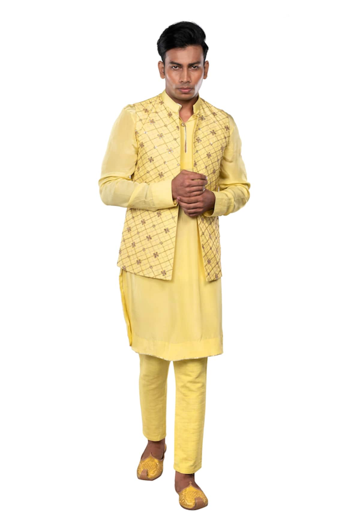 Debarun Cotton Tussar Embroidered Bundi & Kurta Set