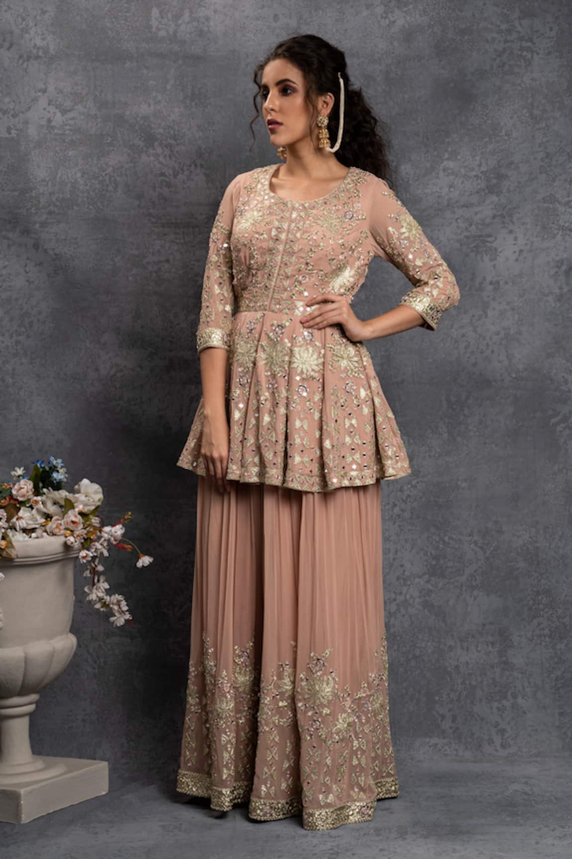 Shian Dori Embroidered Peplum & Sharara Set