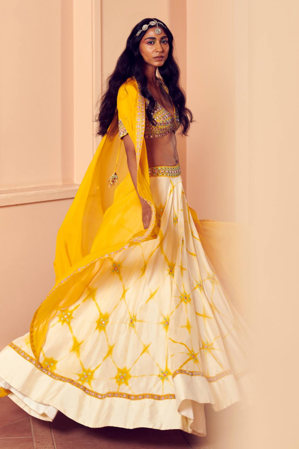 Yellow & Off White Lehenga - Cape Set 1